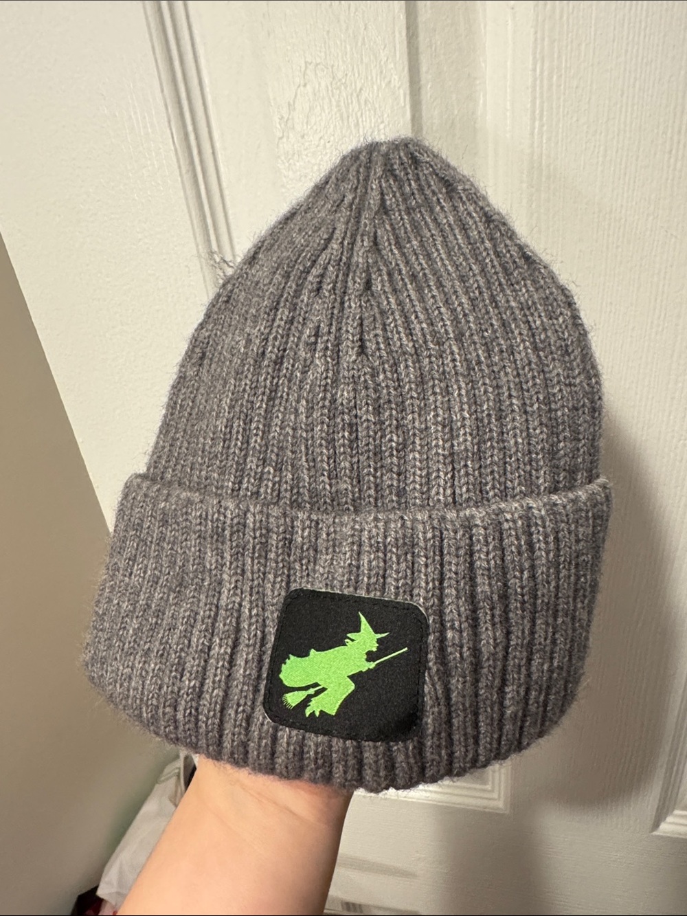 OFFICIAL Wicked Gray Ribbed Beanie with Neon Green Witch Patch
